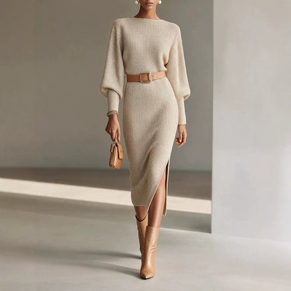 Boat Neck Balloon Long Sleeve Knit Midi Dress With Belt
