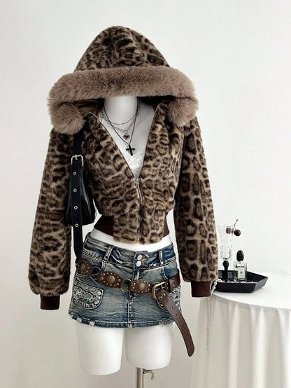 Women Leopard Print Faux Fur Cropped Hooded Jacket With Fluffy Fur Trim