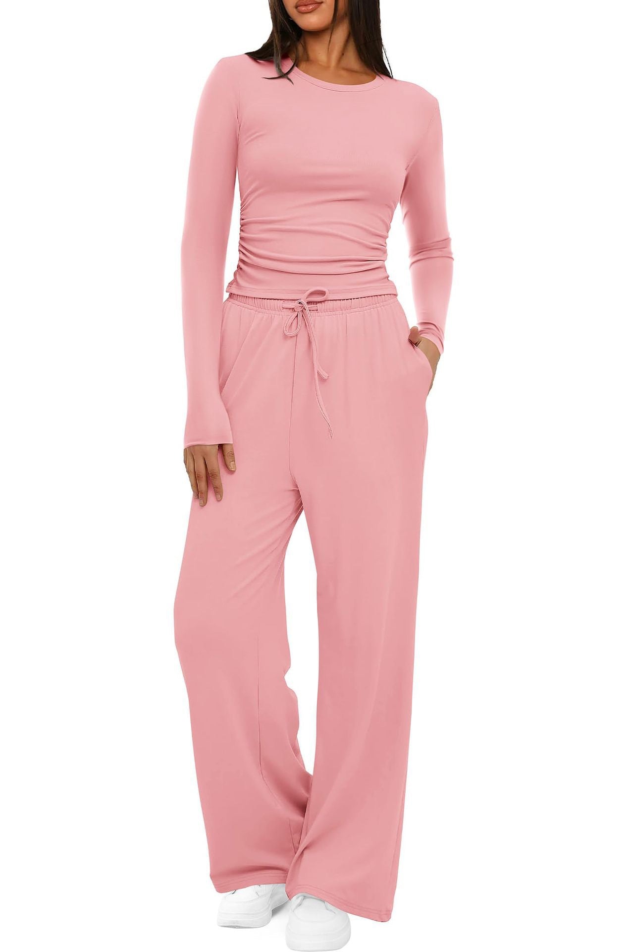 Ruched Long Sleeve Top & Drawstring Waist Pocket Wide Leg Pants Two Piece Set