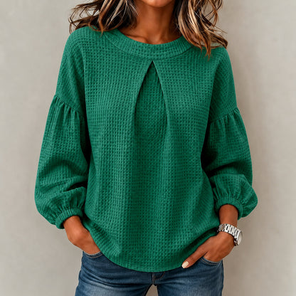 Waffle Textured Pleated Neck Balloon Long Sleeve Blouse