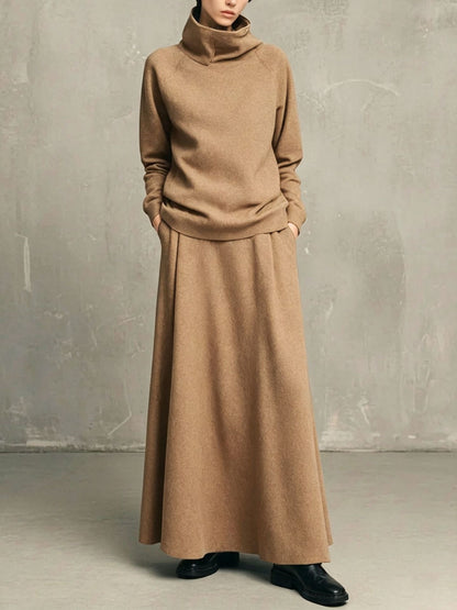 Elegant Neutral Knit Co-ord Set Funnel Neck Sweater Pleated Long Skirt