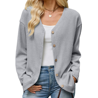Button Front V-Neck Knit Cardigan