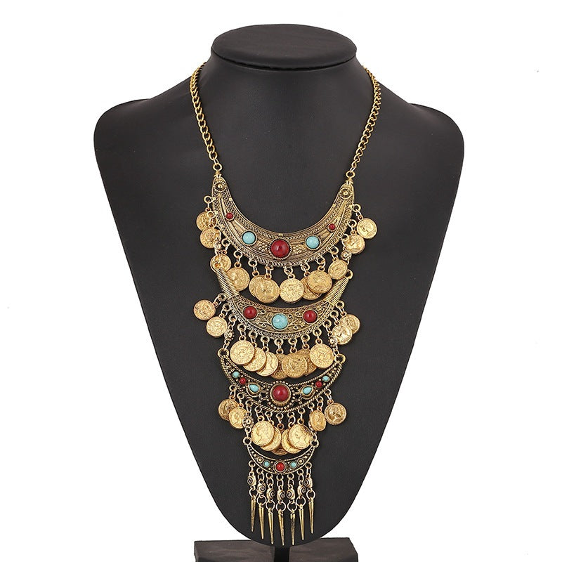 Visland Statement Necklace Exaggerated Round Coins Tassels Colored Turquoise Layered Gift Hypoallergenic Vintage Ethnic