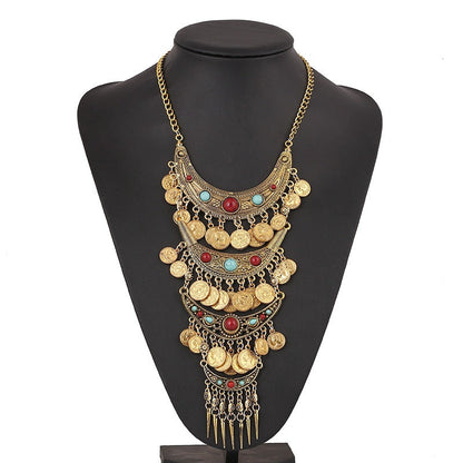 Visland Statement Necklace Exaggerated Round Coins Tassels Colored Turquoise Layered Gift Hypoallergenic Vintage Ethnic