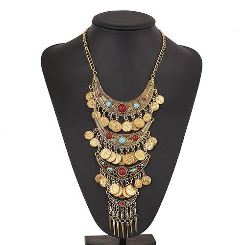 Visland Statement Necklace Exaggerated Round Coins Tassels Colored Turquoise Layered Gift Hypoallergenic Vintage Ethnic