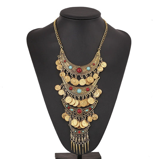 Visland Statement Necklace Exaggerated Round Coins Tassels Colored Turquoise Layered Gift Hypoallergenic Vintage Ethnic