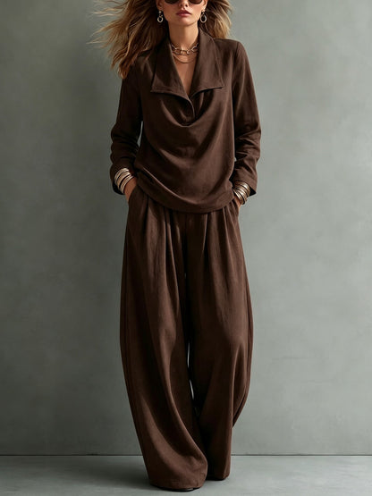 Draped Lapel Casual Matching Two Piece Set
