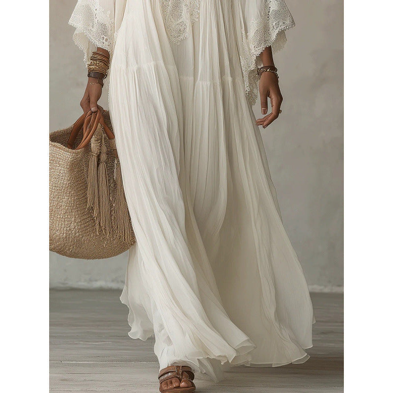 Lace Trim V-Neck Bell Sleeve Tiered Flowy Boho Maxi Dress