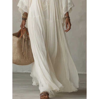 Lace Trim V-Neck Bell Sleeve Tiered Flowy Boho Maxi Dress