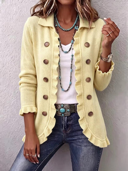 Women's Turquoise Ruffled Knit Cardigan Long Sleeve Button-Down Casual Jacket