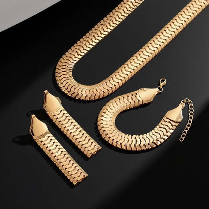 Wide Snake Scale Herringbone Jewelry 3-Piece Set Necklace Bracelet Drop Earrings