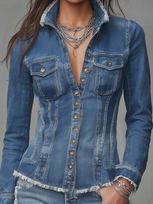 Frayed-Edge Fitted Denim Jacket — Medium Wash