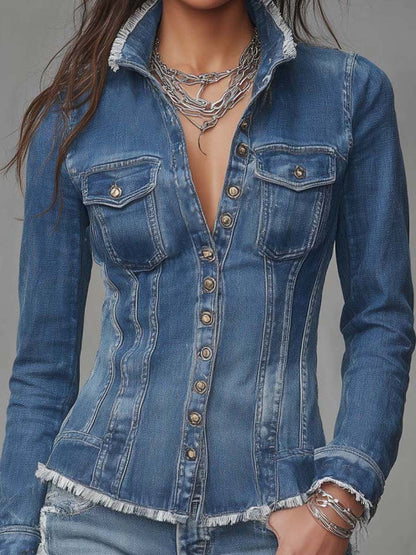 Frayed-Edge Fitted Denim Jacket — Medium Wash