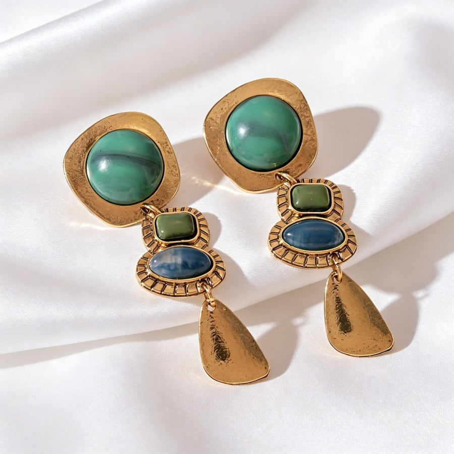 Vintage Multi-Colored Stone Tiered Drop Earrings Antique Gold Plated Boho Statement Dangle Earrings - EH5704