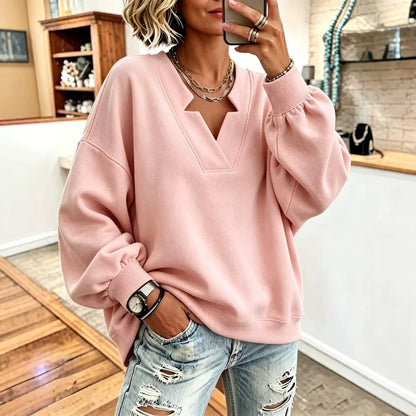 Women Solid Notched Split V-Neck Balloon Long Sleeve Oversized Sweatshirt