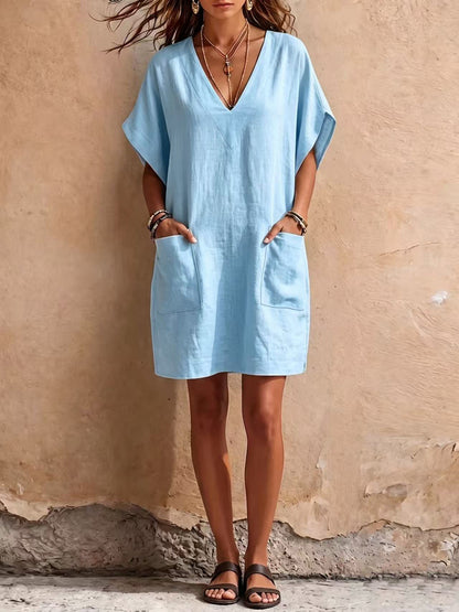 Relaxed V-Neck Linen Mini Dress with Pockets