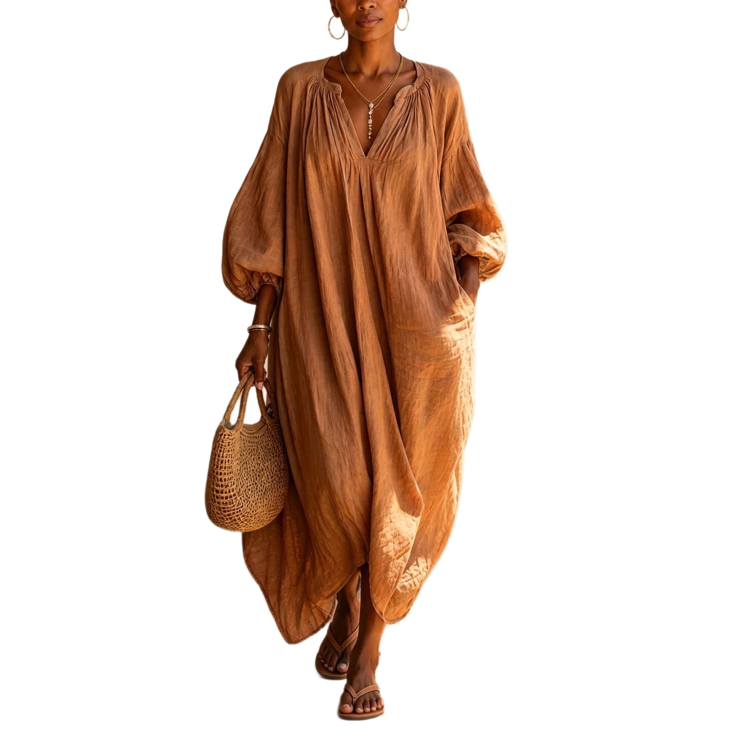 Boho Vacation Puff Sleeve Kaftan Maxi Dress
