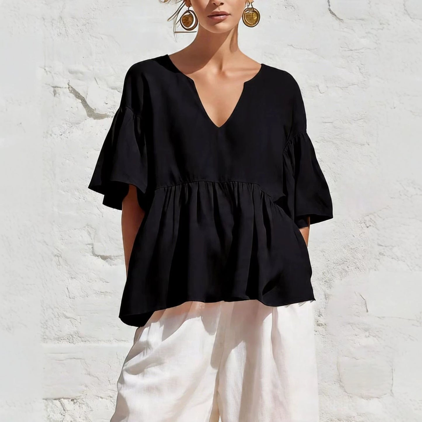 V-Neck Ruffle Sleeve Peplum Blouse
