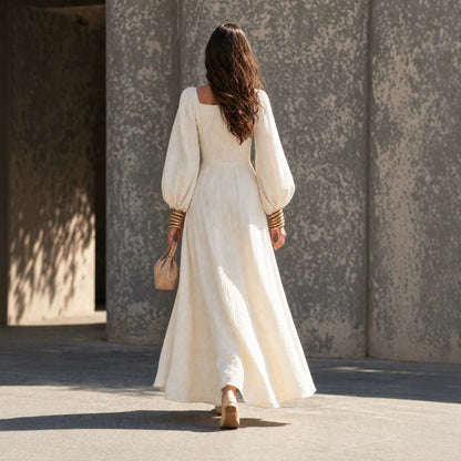 Square Neck Puff Long Sleeve Flowy Maxi Dress