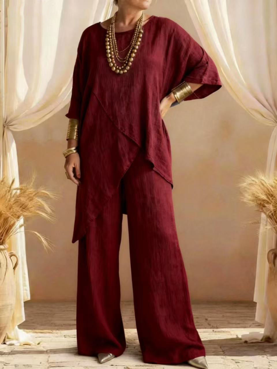 Linen Asymmetric Overlap Top & Wide Leg Pants Two Piece Set