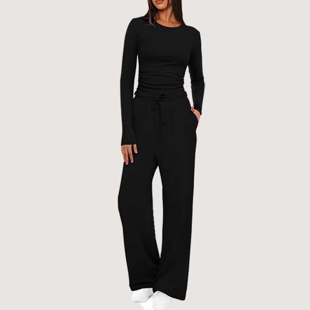 Ruched Long Sleeve Top & Drawstring Waist Pocket Wide Leg Pants Two Piece Set