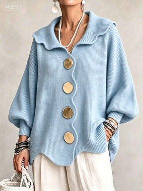 Oversized Scallop-Collar Button Knit Cardigan