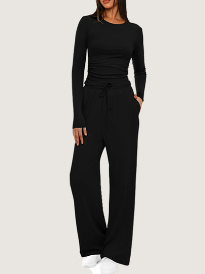 Ruched Long Sleeve Top & Drawstring Waist Pocket Wide Leg Pants Two Piece Set