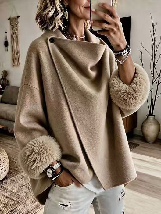Wrap Cape Coat with Faux Fur Cuffs