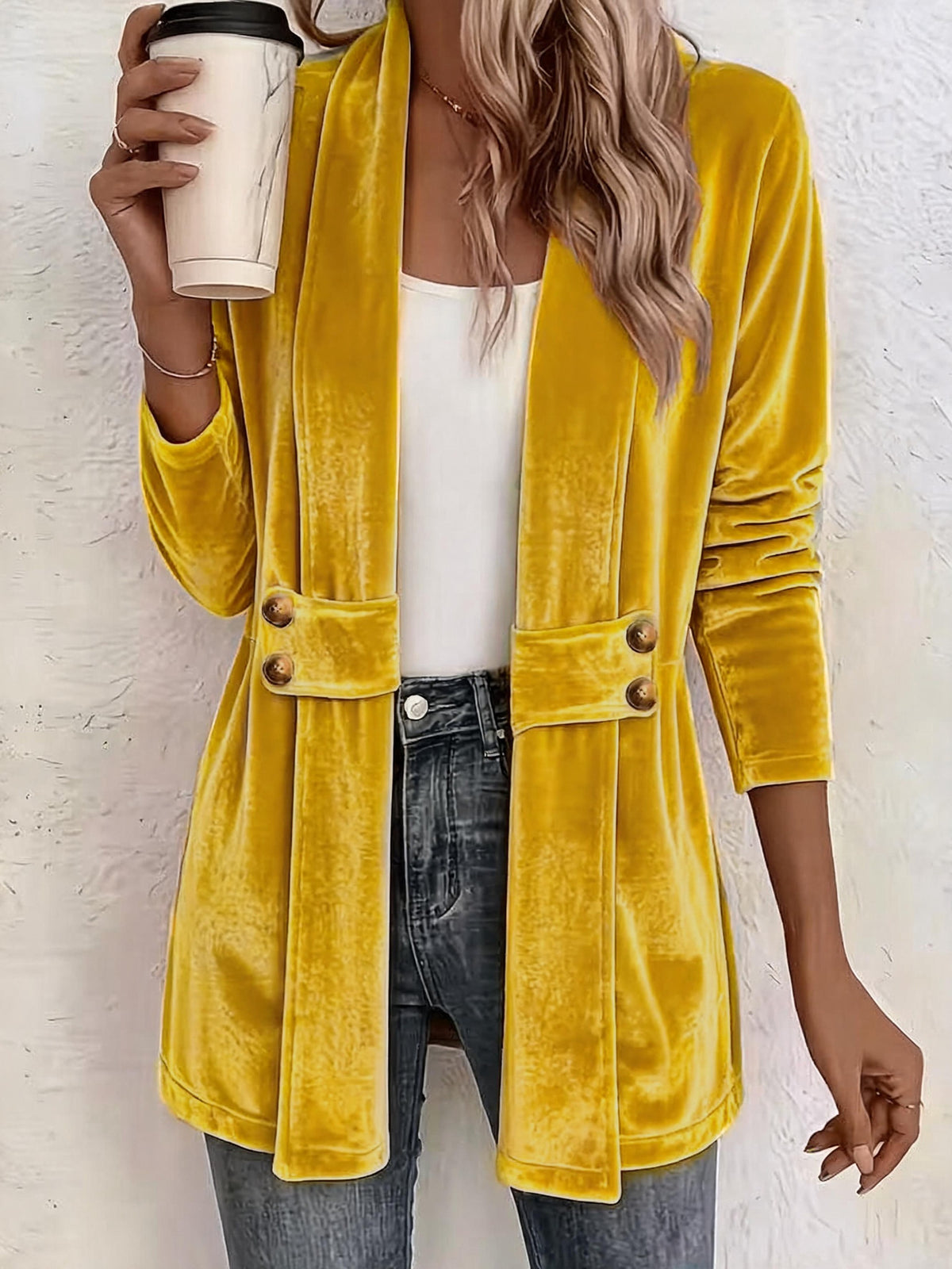 Women's Velvet Open Front Long Sleeve Mid Length Blazer Cardigan with Button Decor