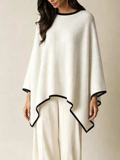 Ribbed Knit Poncho & Wide Leg Pants Two Piece Set