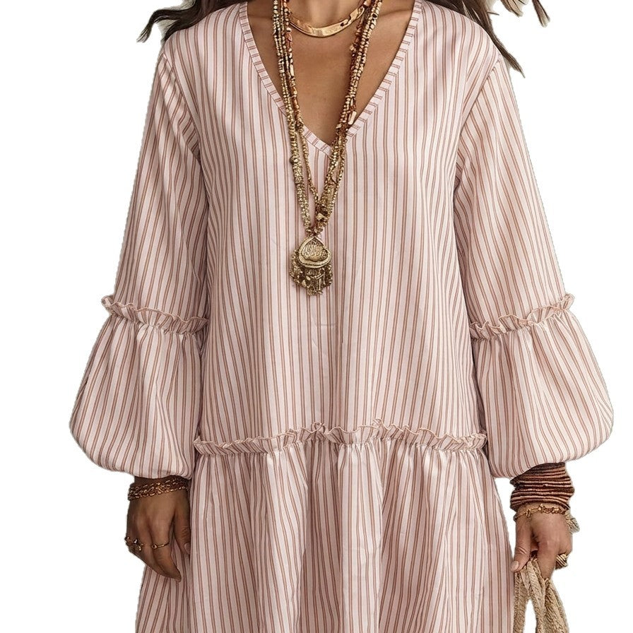 Striped V-Neck Ruffle Hem Mini Dress