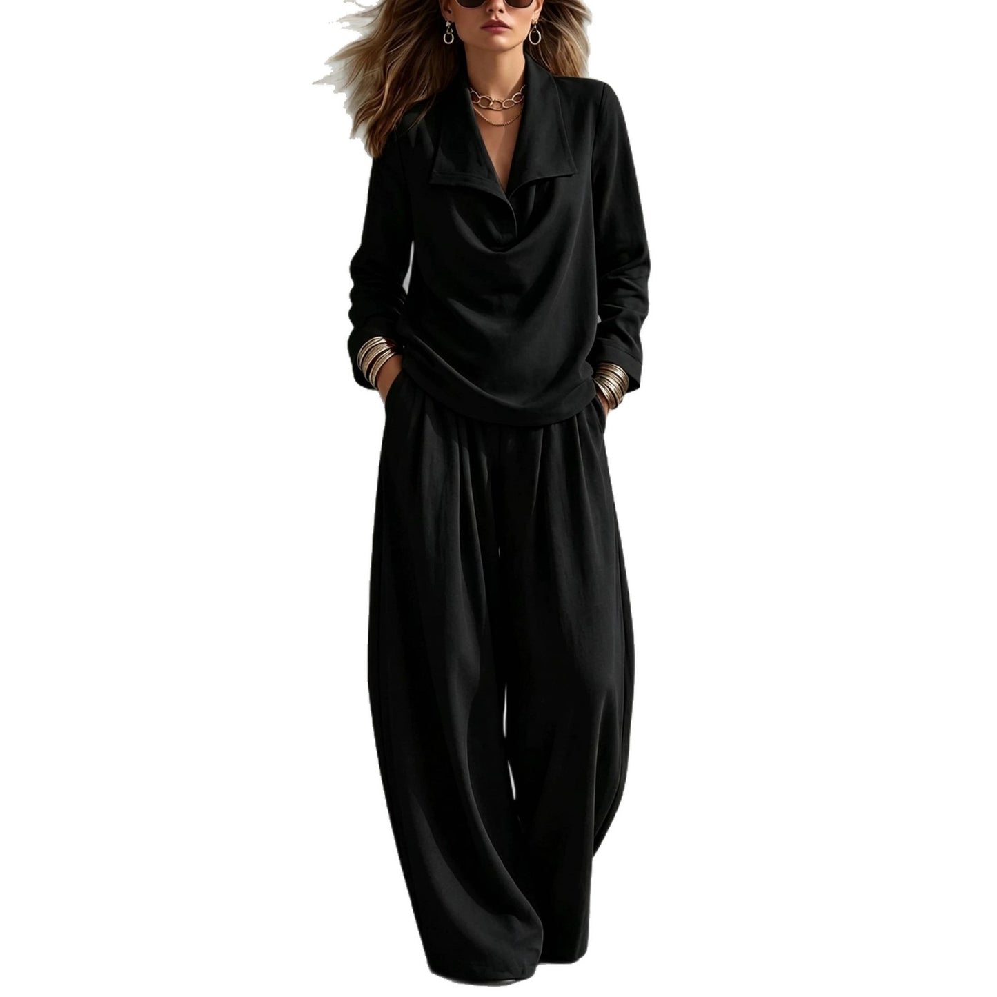 Draped Lapel Casual Matching Two Piece Set