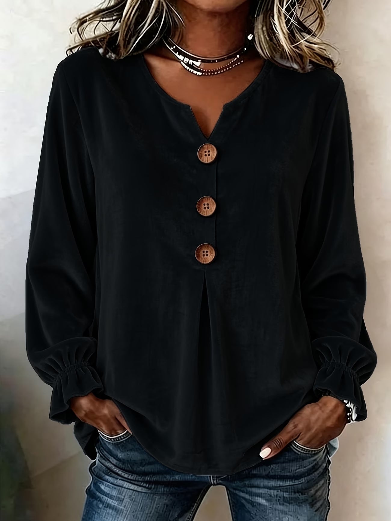 Notch V Neck Wooden Button Pleated Front Puff Cuff Long Sleeve Blouse