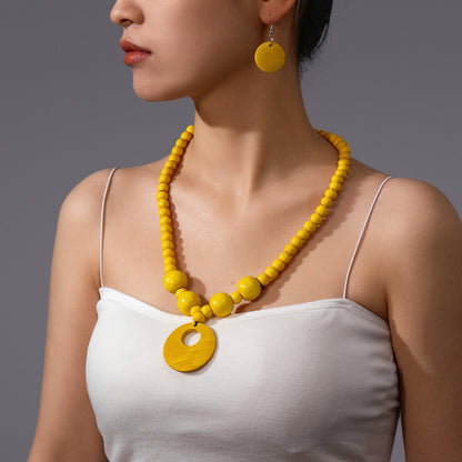 3pcs Jewelry Sets Fashionable Handmade Wood Beaded Necklace and Earrings Women’s Jewelry - Yellow