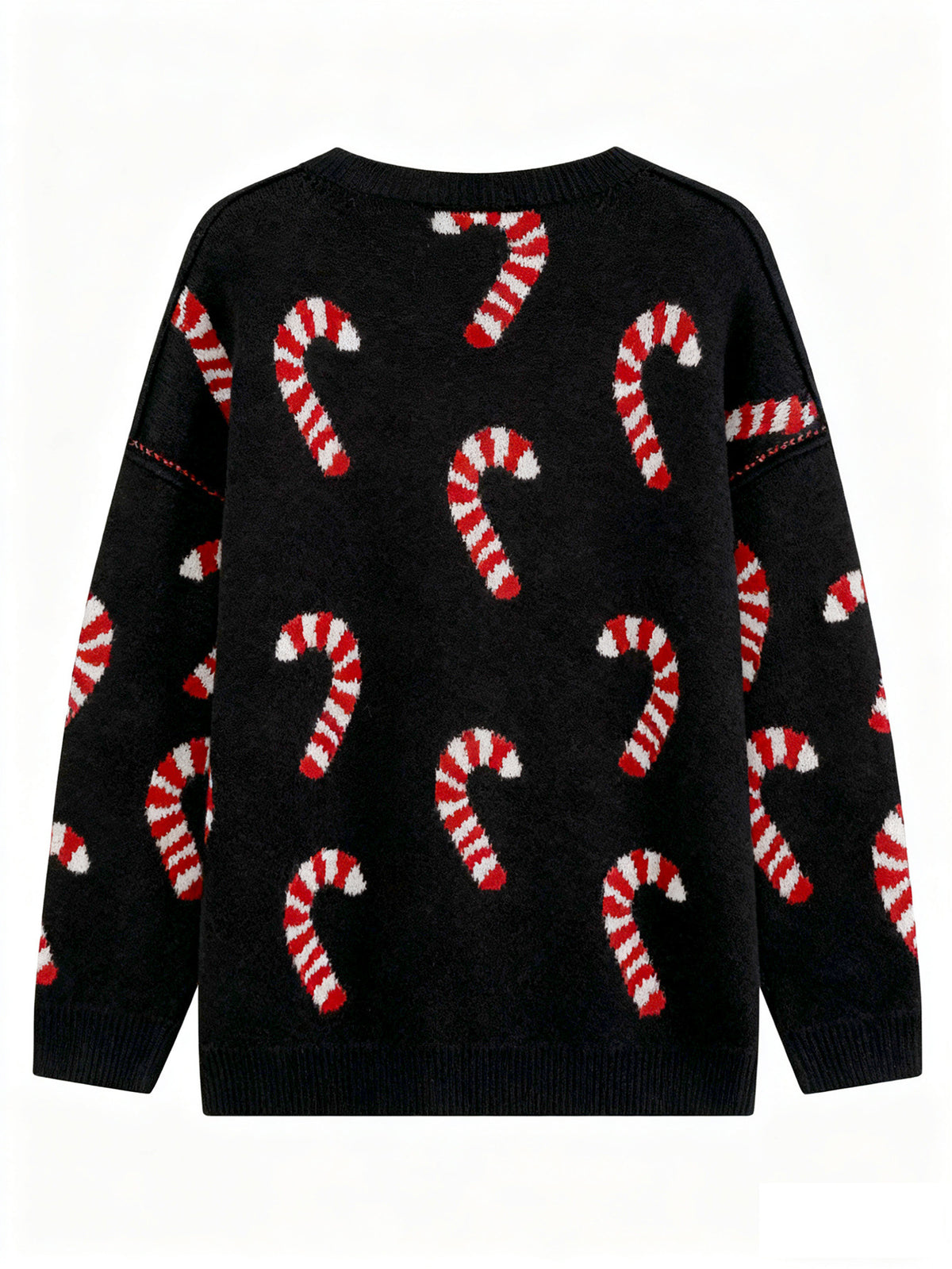 Women's Plus Size Crew Neck Candy Cane Print Long Sleeve Christmas Knit Sweater