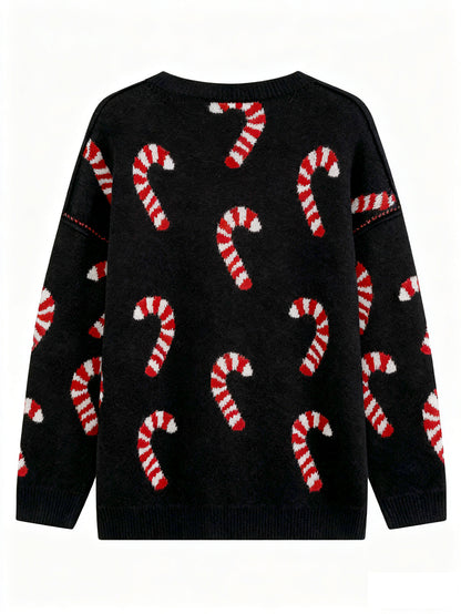 Women's Plus Size Crew Neck Candy Cane Print Long Sleeve Christmas Knit Sweater