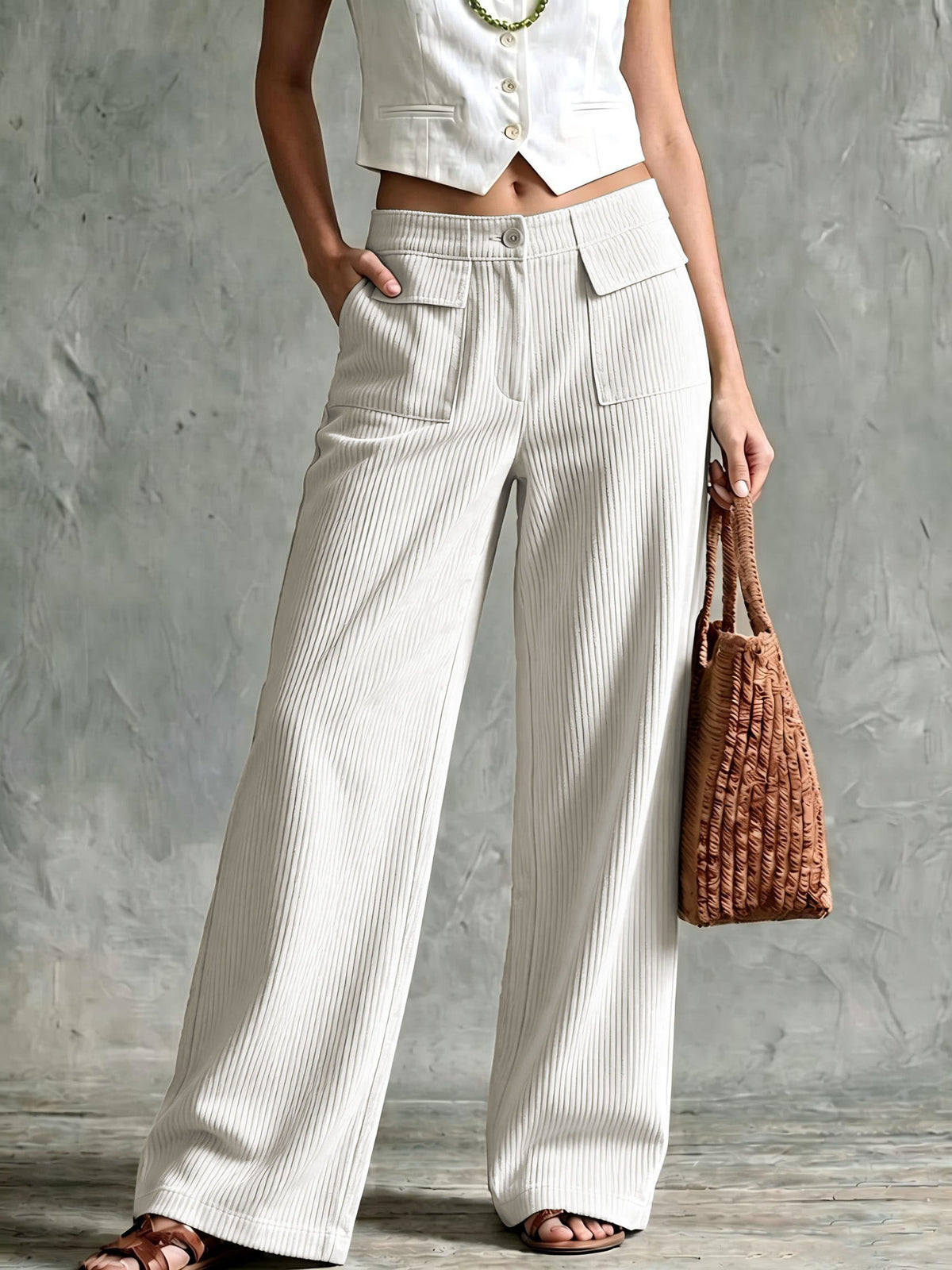 Women's Solid Ribbed Front Patch Pocket High Waist Wide Leg Long Pants