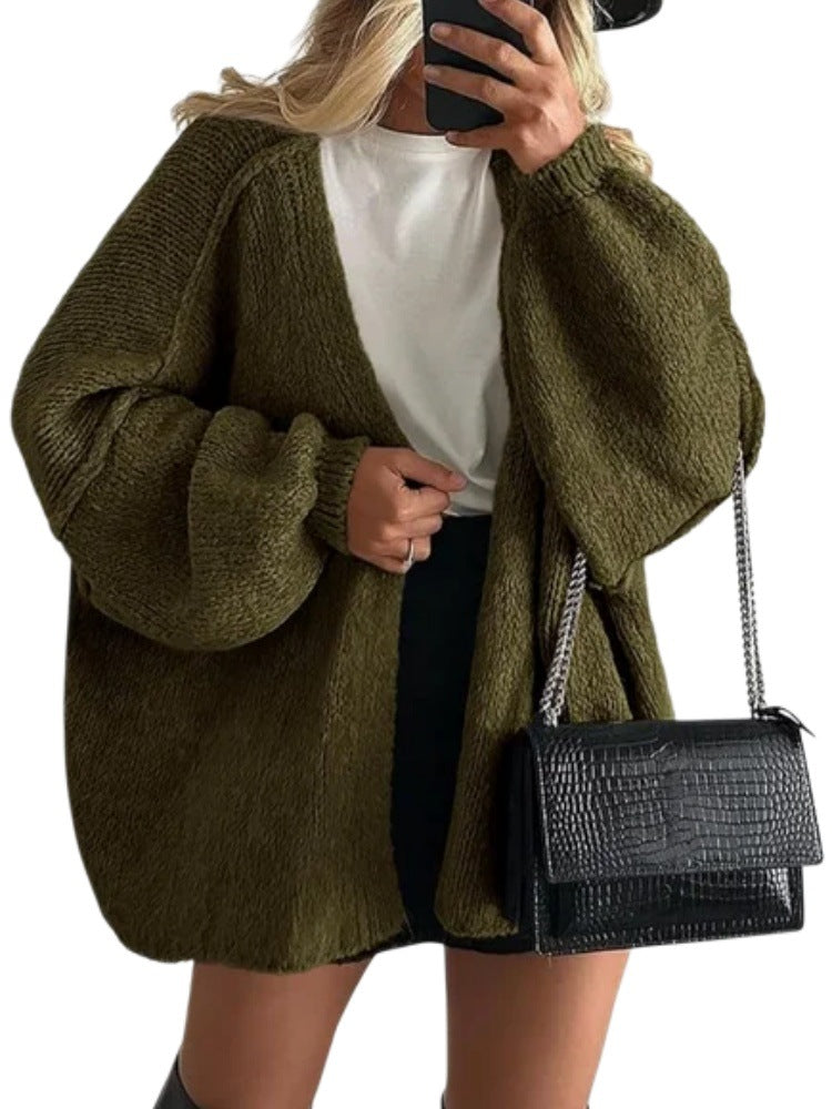 Women's Solid Color Chunky Knit Open Front Lantern Sleeve Mid-Length Cardigan