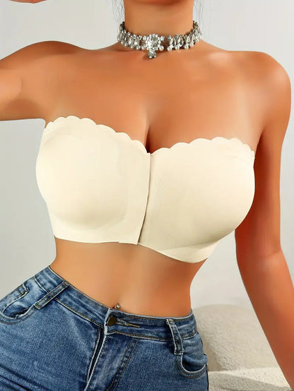 Hugmecurve® Womens Strapless Bra Non-Slip Padded Bandeau Bras Front Closure Bras for Women Wavy Trim Seamless Tube Top Bralette