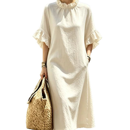 Textured Linen Ruffle Neck Flounce Sleeve Midi Shift Dress