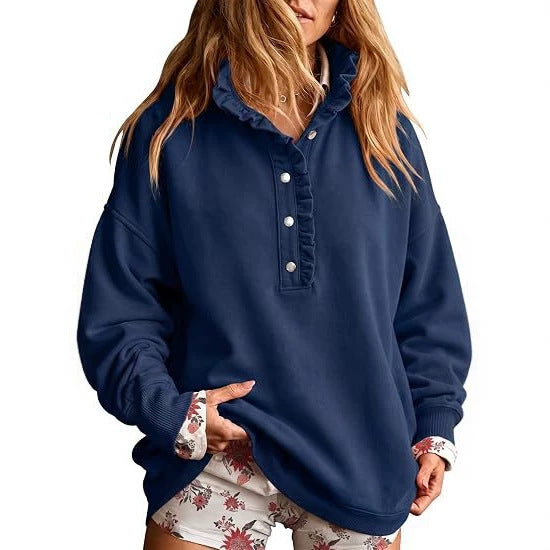 Ruffle Collar Half-Button Oversized Sweatshirt