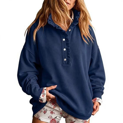 Ruffle Collar Half-Button Oversized Sweatshirt