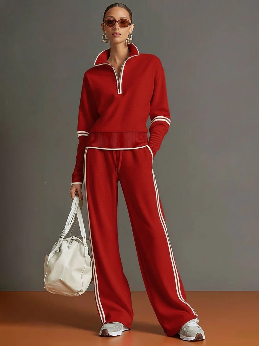 Casual Sports Suit Contrasting Color Stand-Up Collar Sweatshirt Wide-Leg Pants Suit