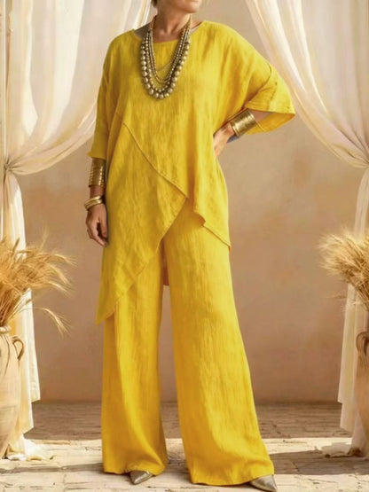 Linen Asymmetric Overlap Top & Wide Leg Pants Two Piece Set