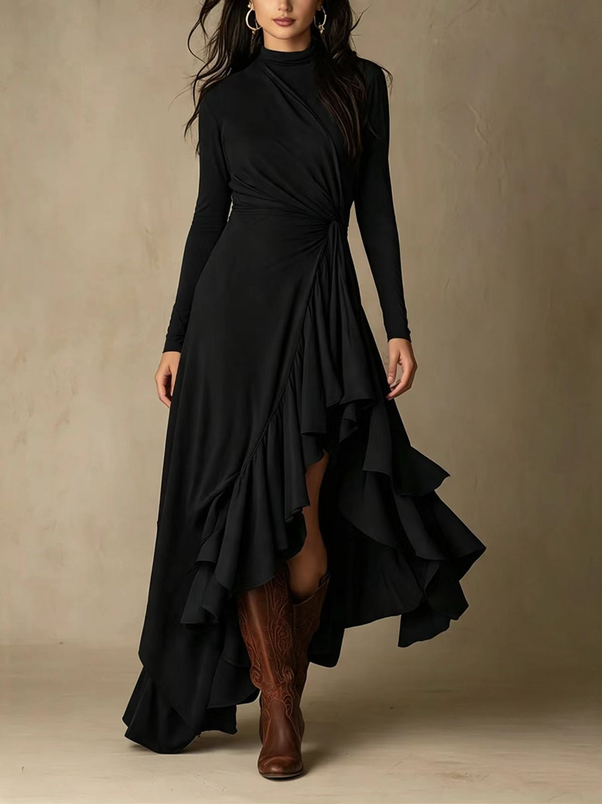 Mock Neck Wrap Dress with Asymmetric Ruffle Hem