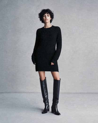 Cable Knit Crew Neck Long Sleeve Mini Sweater Dress