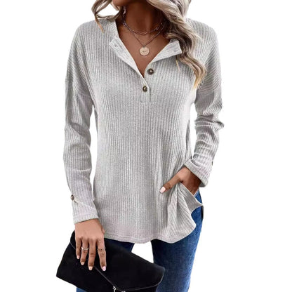 Vertical Rib Knit Henley Half Button Drop Shoulder Long Sleeve Casual Top