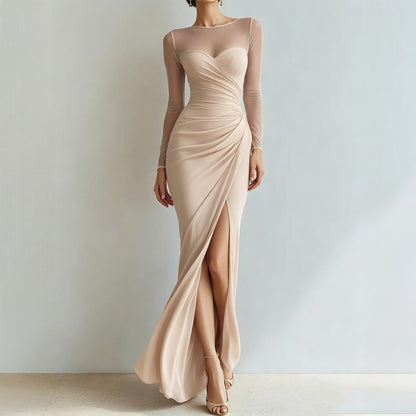 Women's Mesh Long Sleeve Sweetheart Ruched Slit Maxi Evening Dress