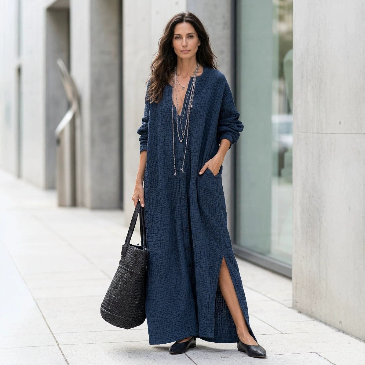 Casual Side Slit Long Sleeve Maxi Dress