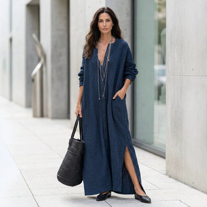 Casual Side Slit Long Sleeve Maxi Dress
